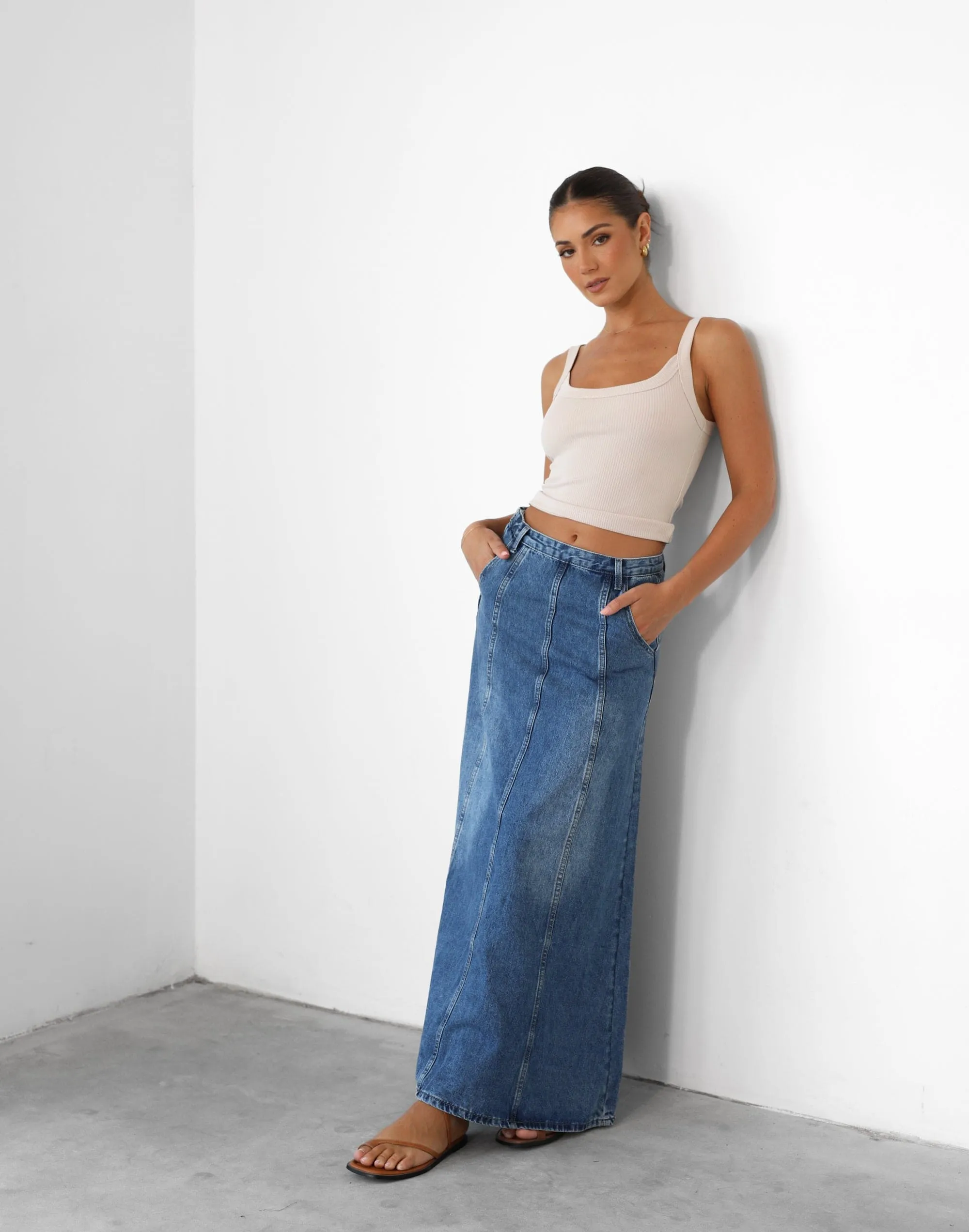 Akara Denim Maxi Skirt (Blue Denim)