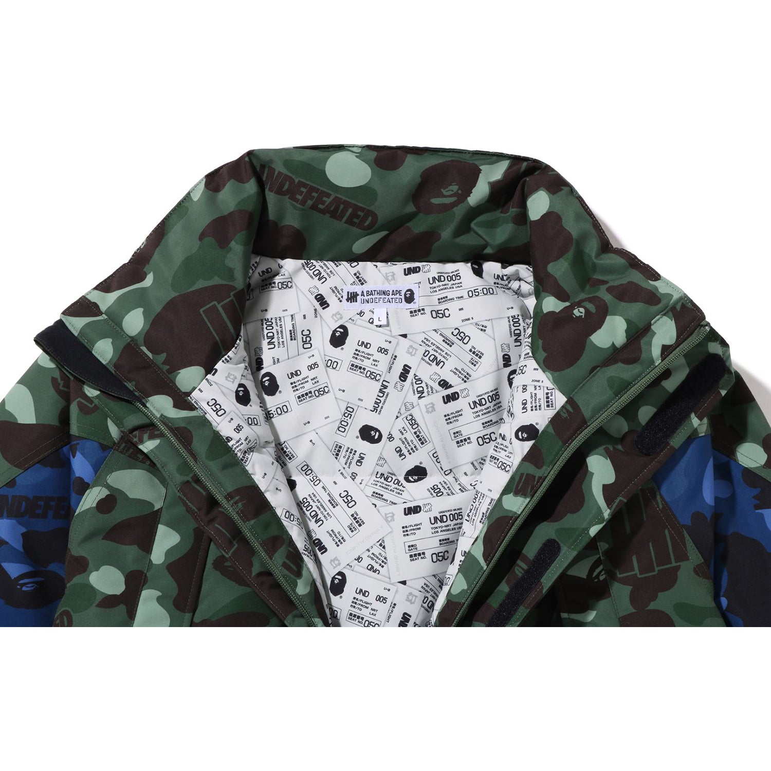 BAPE X UNDEFEATED COLOR CAMO SNOWBOARD DOWN JACKET MENS