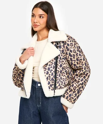 boohoo Womens Leopard Print Cropped Aviator Jacket