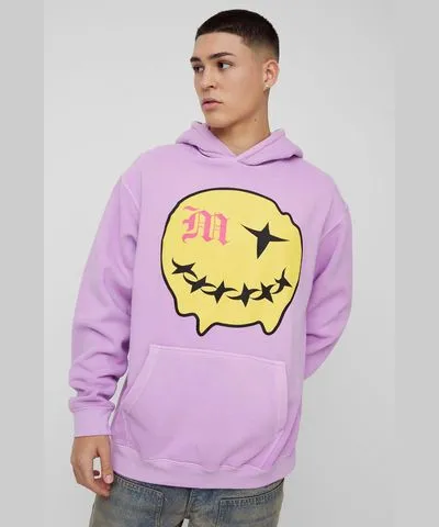 boohooMAN Mens Oversized Puff Print Smiley Graphic Washed Hoodie