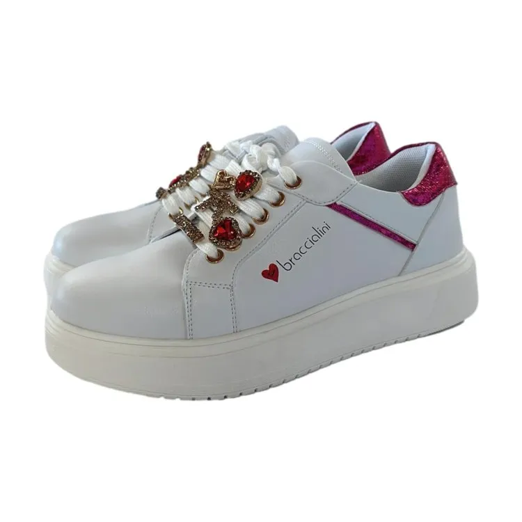 Braccialini BB103 Scarpe Donna Sneakers Platform Gioiello Bianco Rosa