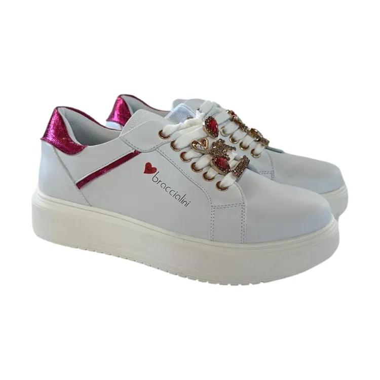 Braccialini BB103 Scarpe Donna Sneakers Platform Gioiello Bianco Rosa