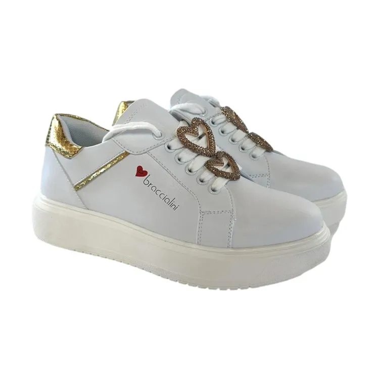 Braccialini BB106 Scarpe Donna Sneakers Platform Gioiello Bianco Oro