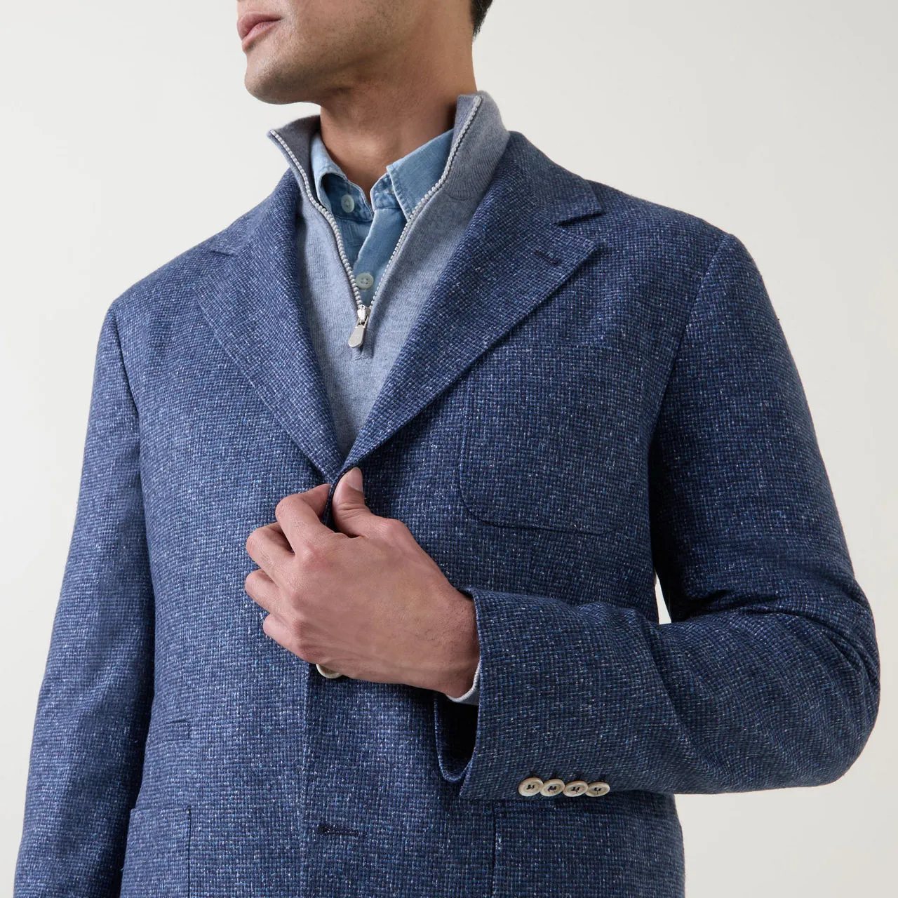 BRUNELLO CUCINELLI Pie De Poule Single-Breasted Blazer - OCEAN BLUE