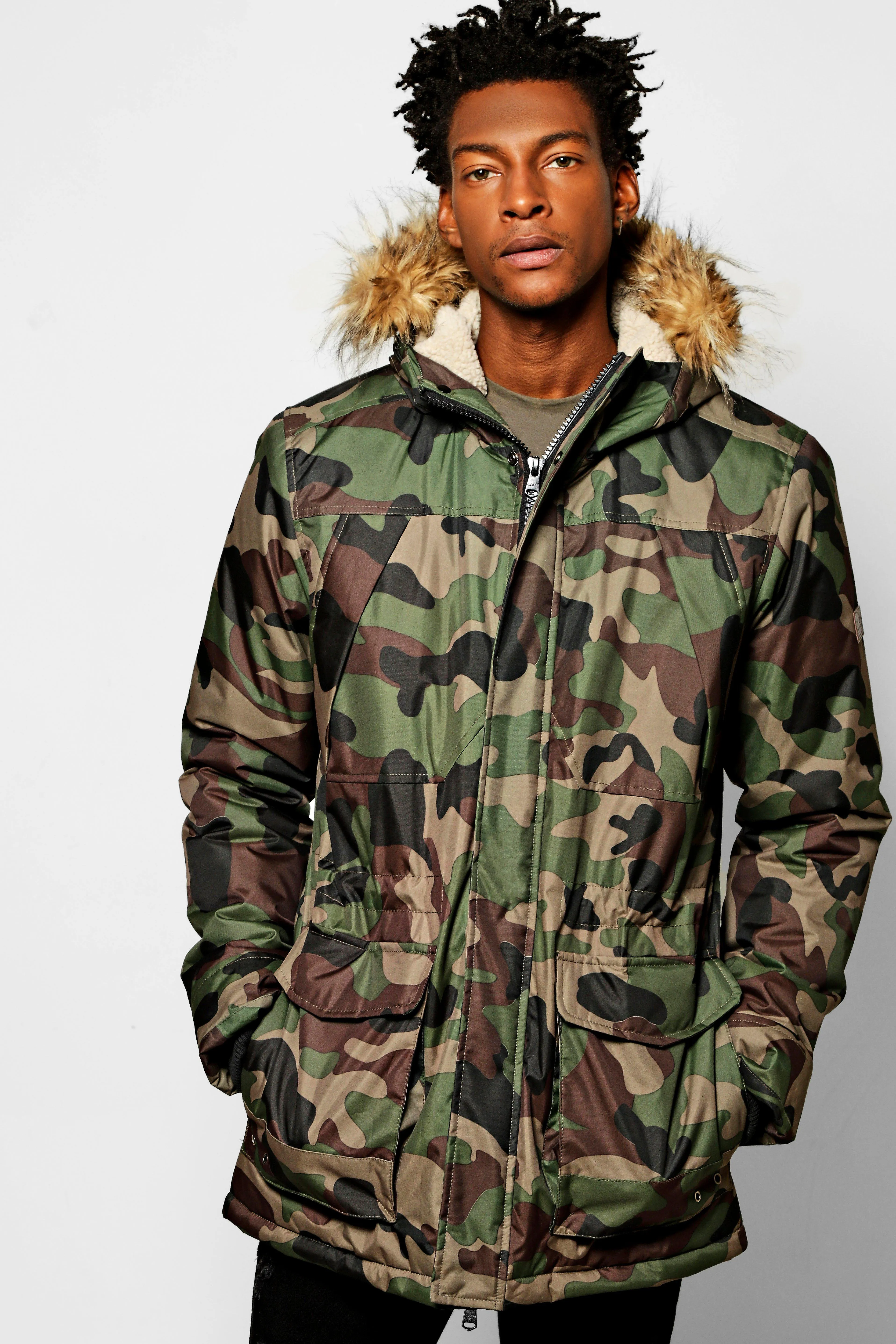 Camo Print Parka Jacket With Faux Fur Hood