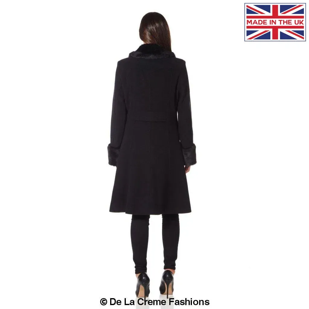 De La Creme - Womens Wool Blend Faux Fur Trim Midi Coat