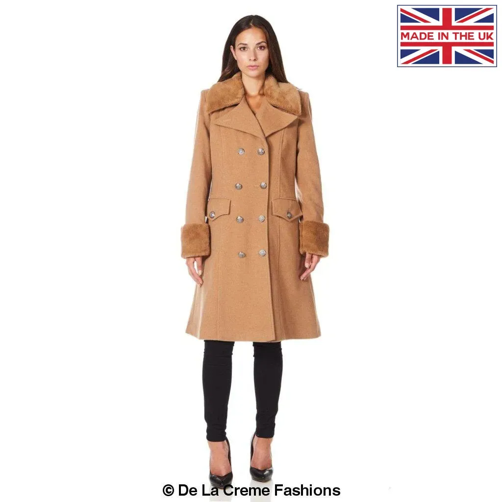 De La Creme - Womens Wool Blend Faux Fur Trim Midi Coat