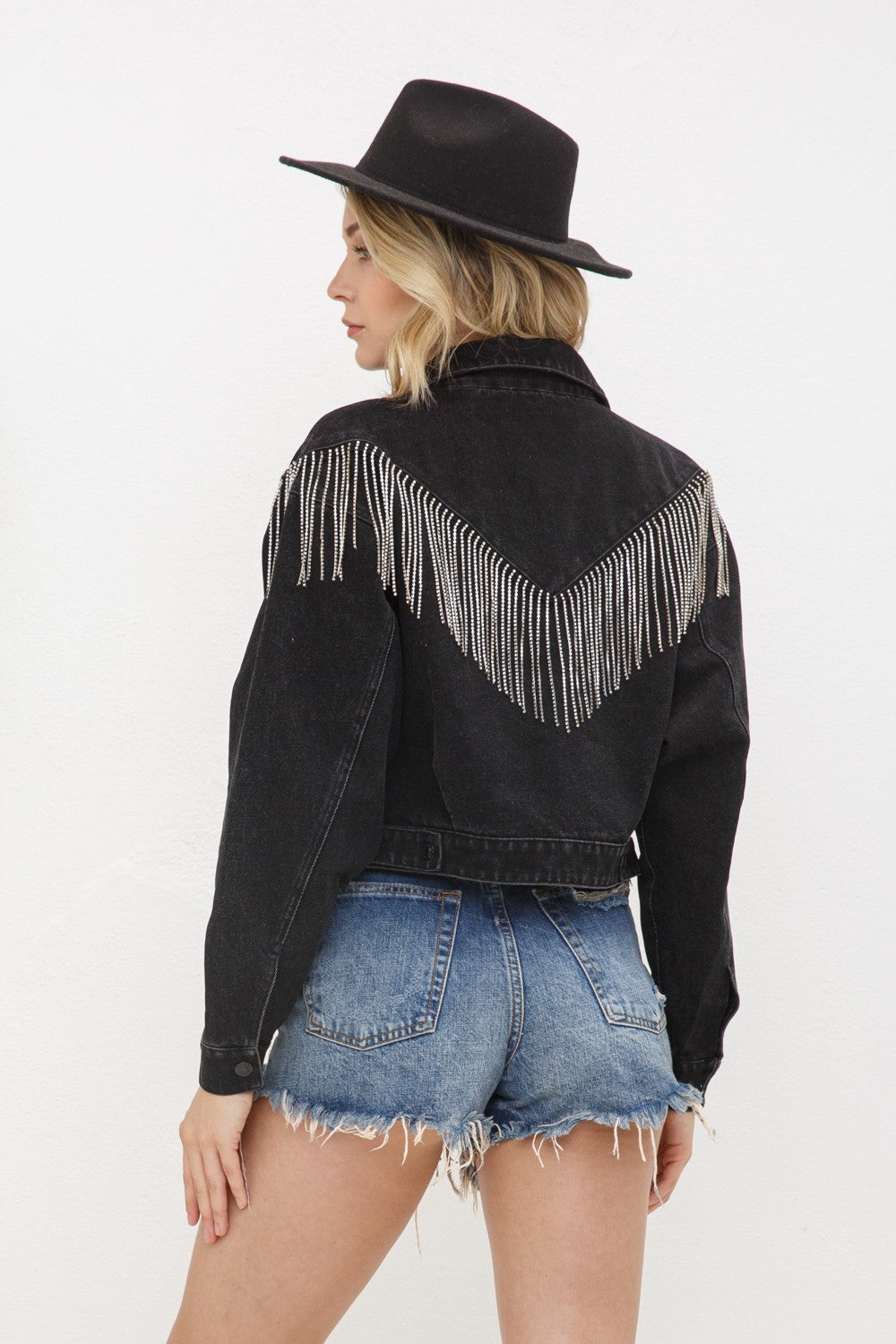 Denim Rhinestone Fringe Jacket