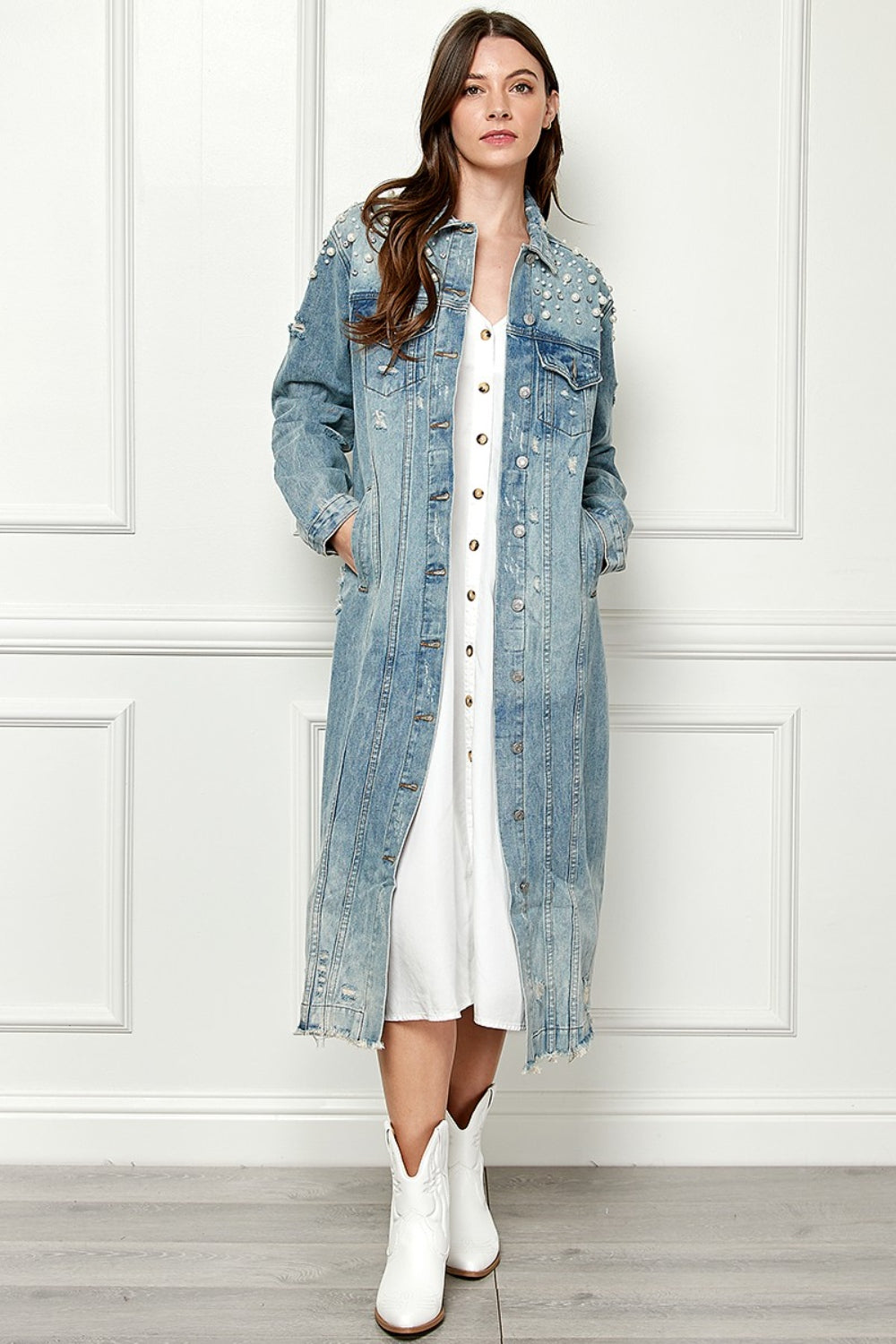 Distressed Pearl Detail Denim Jacket