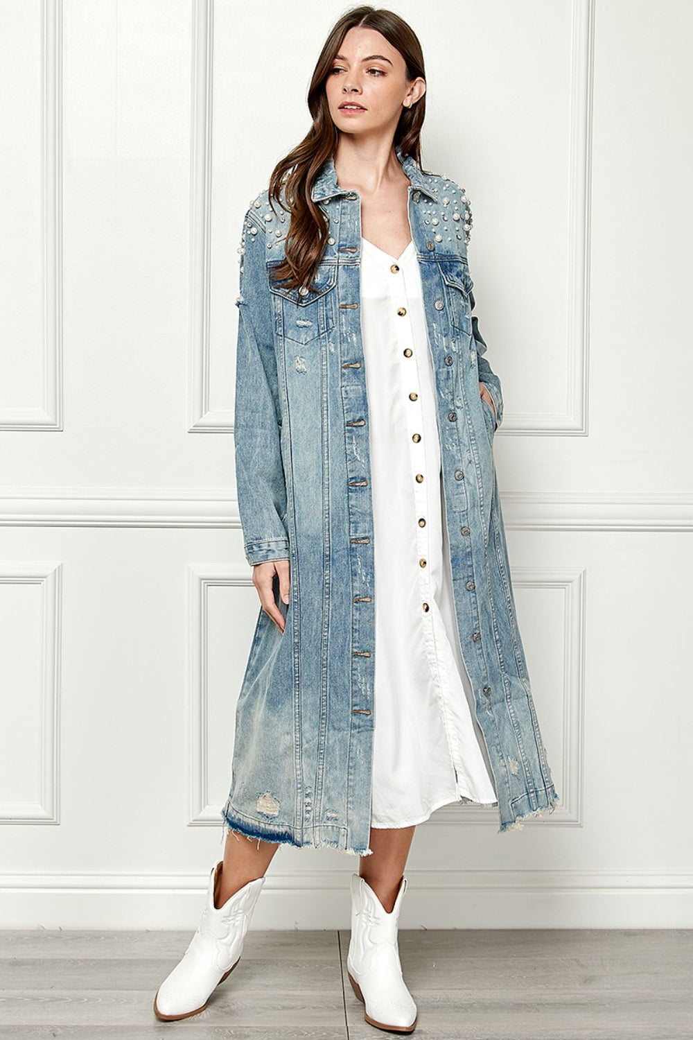 Distressed Pearl Detail Denim Jacket