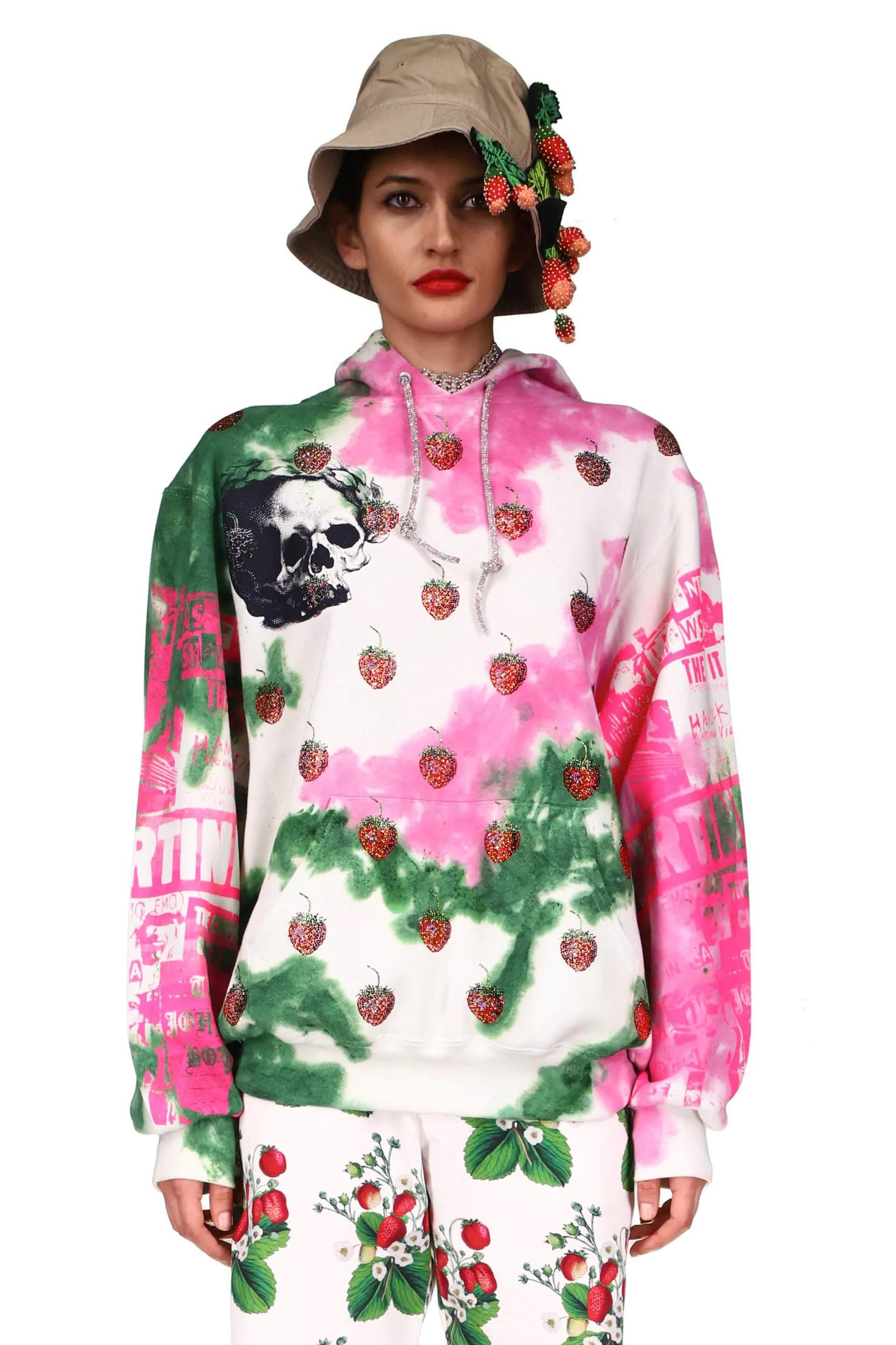 'EMBELLISHED STRAWBERRY FIELDS' TIE DYE SLIM HOODIE