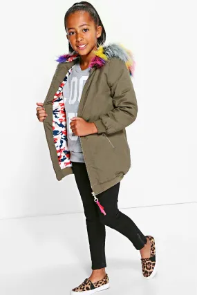 Girls Multi Colour Fur Parka