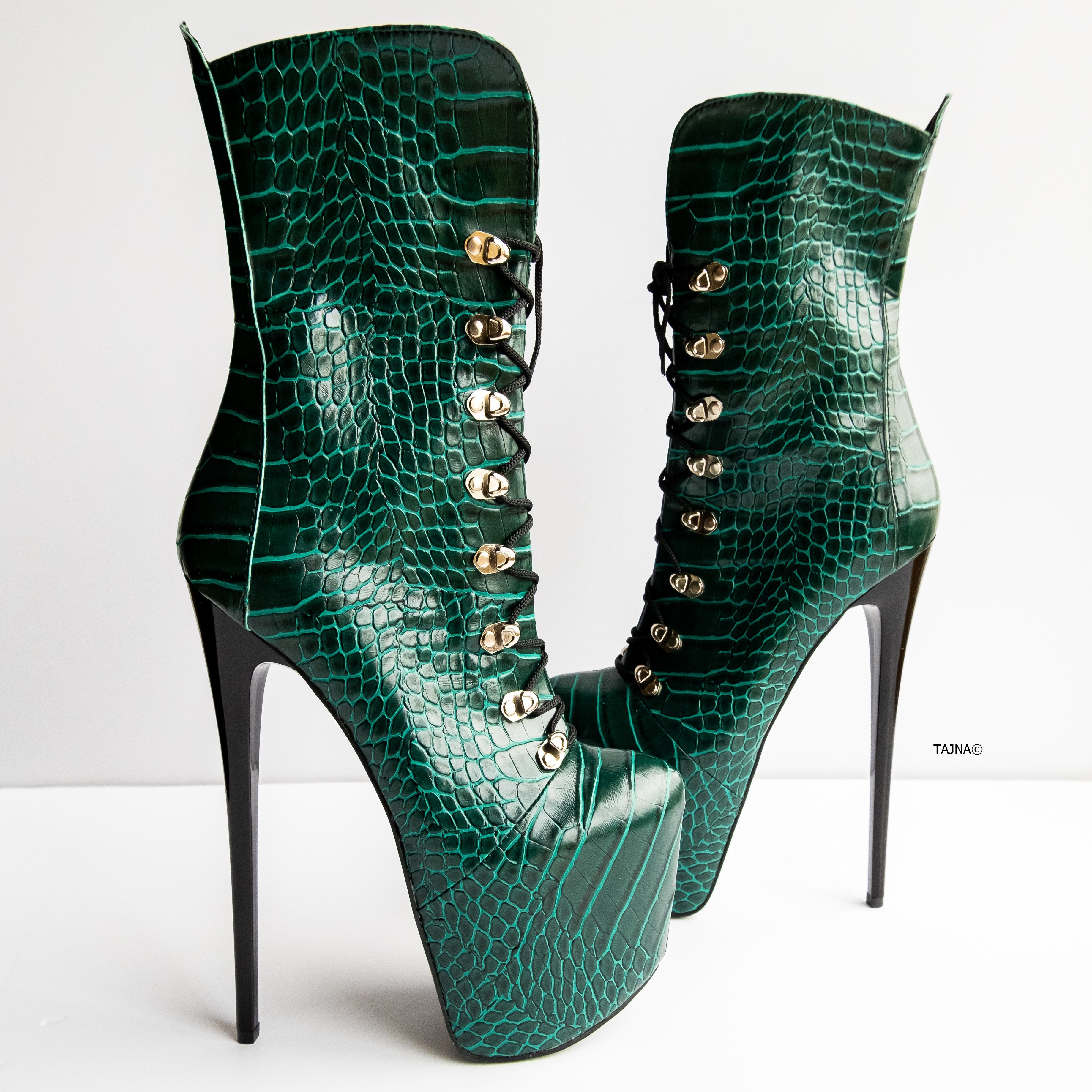 Green Croco Lace Up Military Syle Ankle Boots