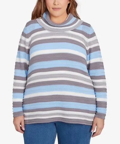 Hearts Of Palm Plus Size Blue My Mind Stripe Cowl Neck Sweater