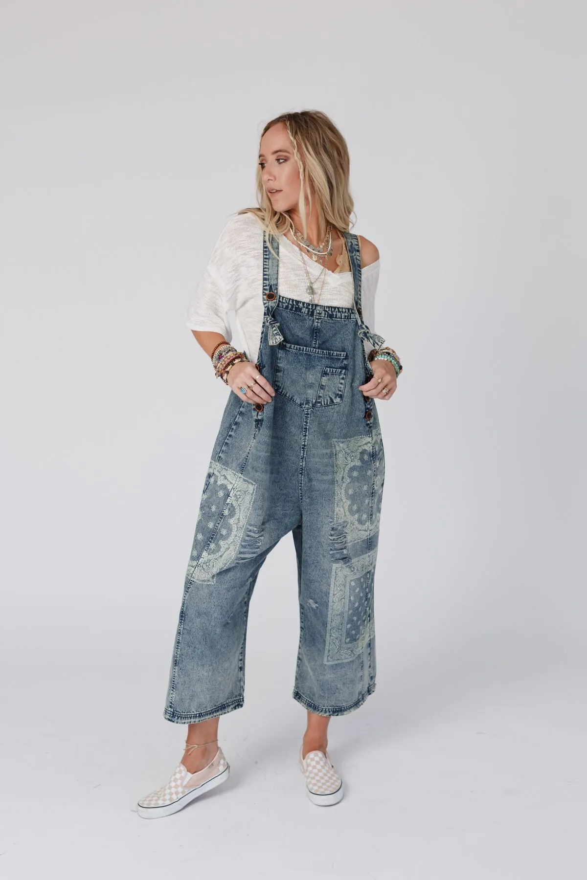 High Hopes Slouchy Denim Overalls - Denim Bandana