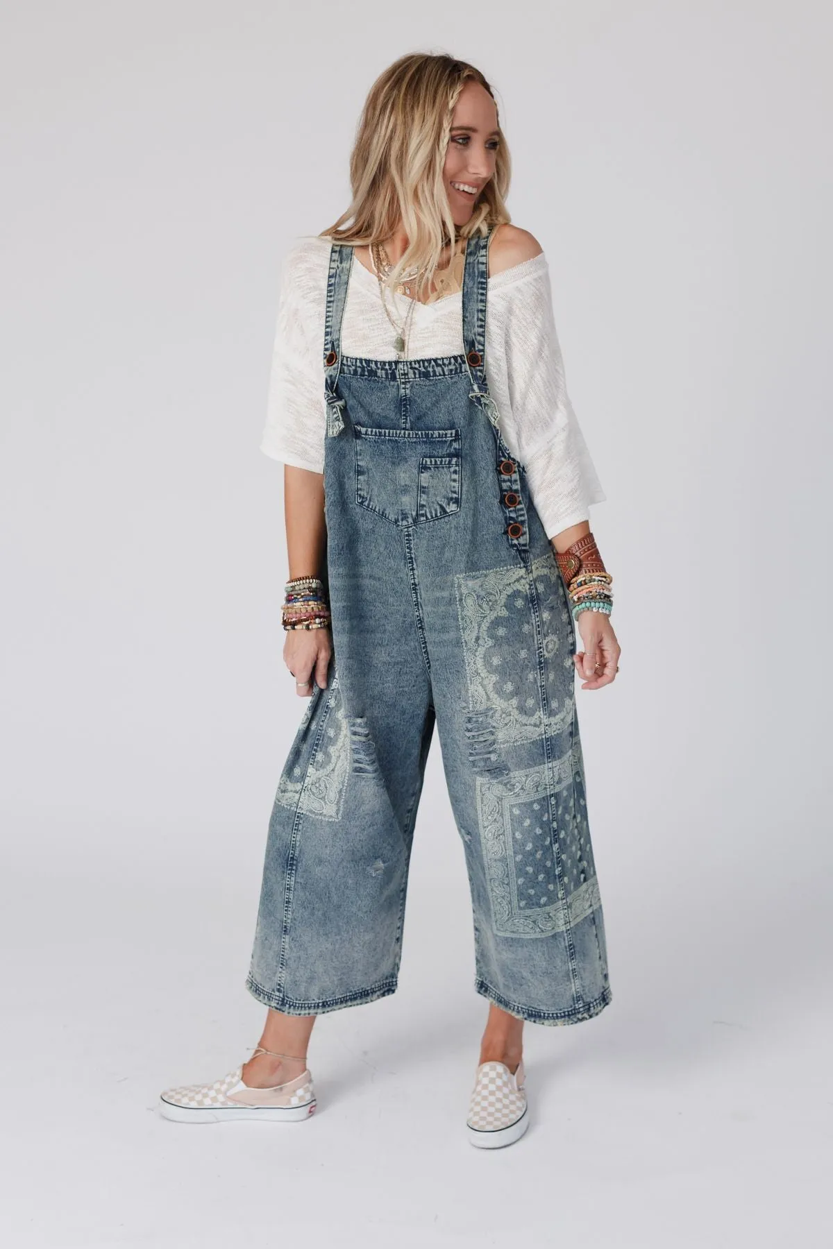 High Hopes Slouchy Denim Overalls - Denim Bandana