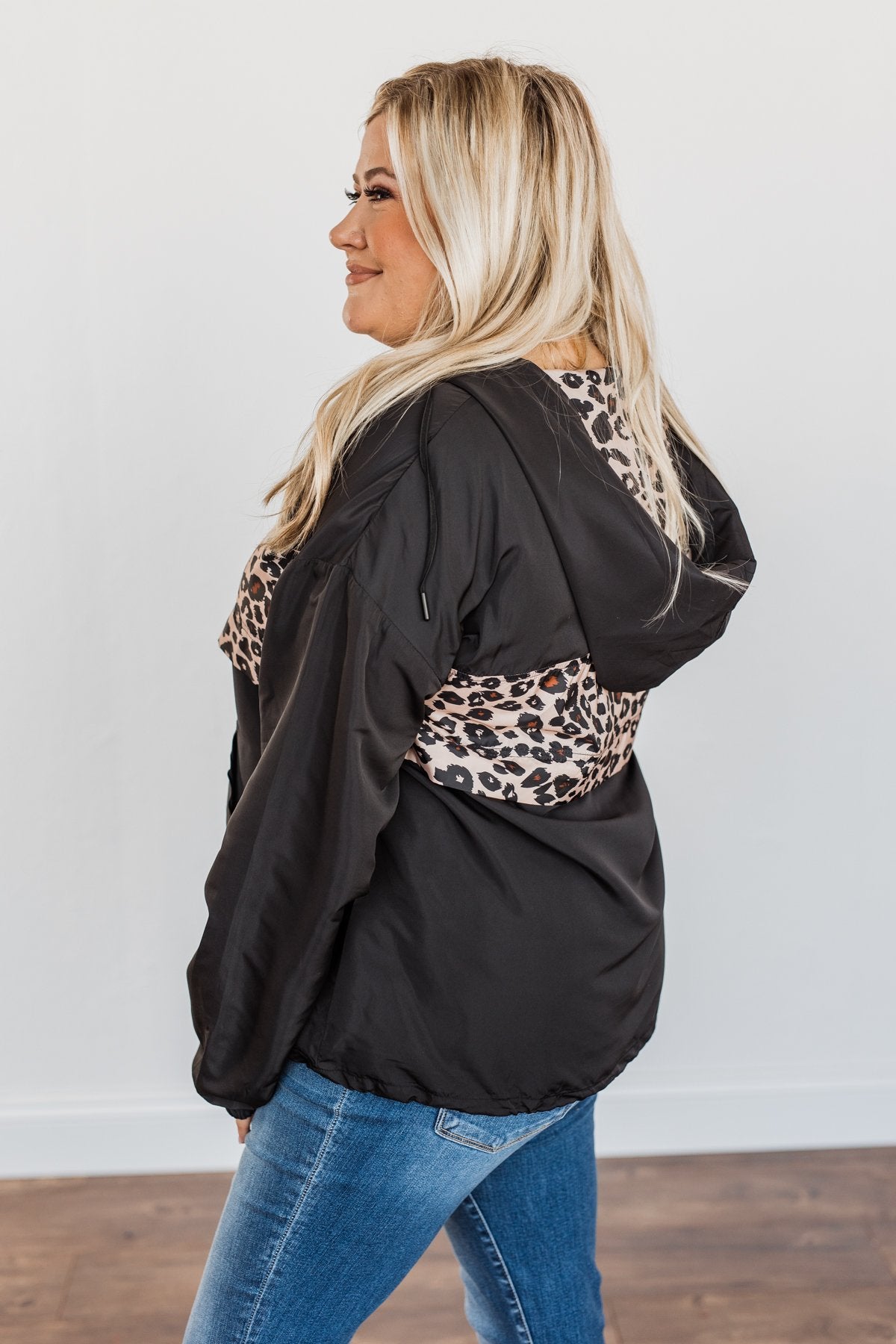 Little Miss Sunshine Drawstring Windbreaker- Black & Leopard