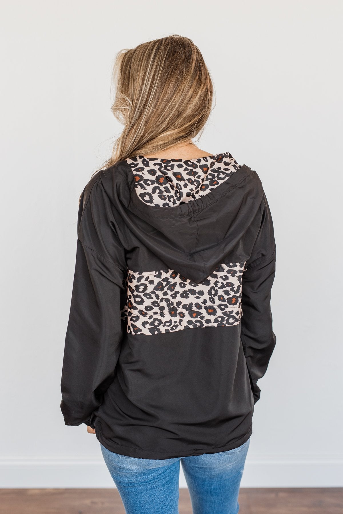 Little Miss Sunshine Drawstring Windbreaker- Black & Leopard