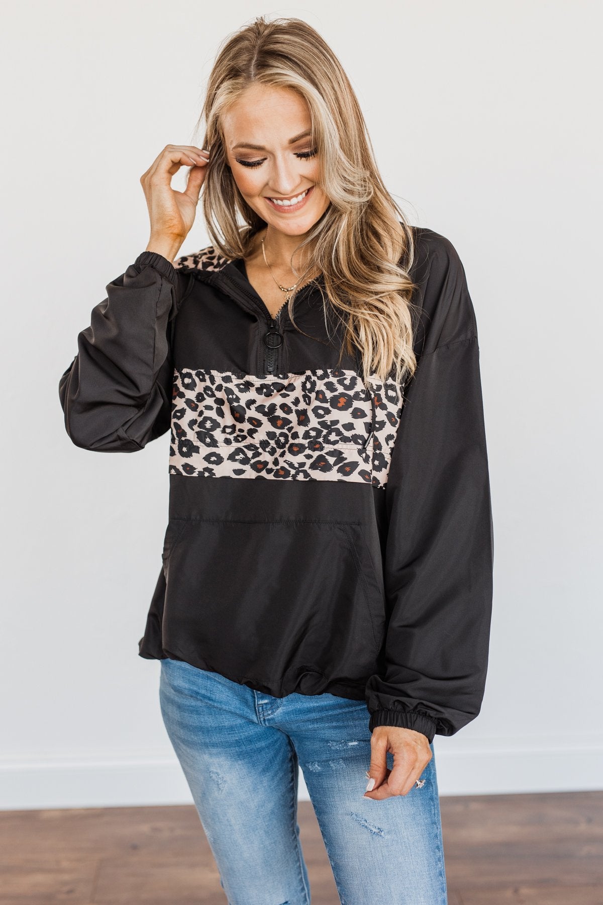 Little Miss Sunshine Drawstring Windbreaker- Black & Leopard