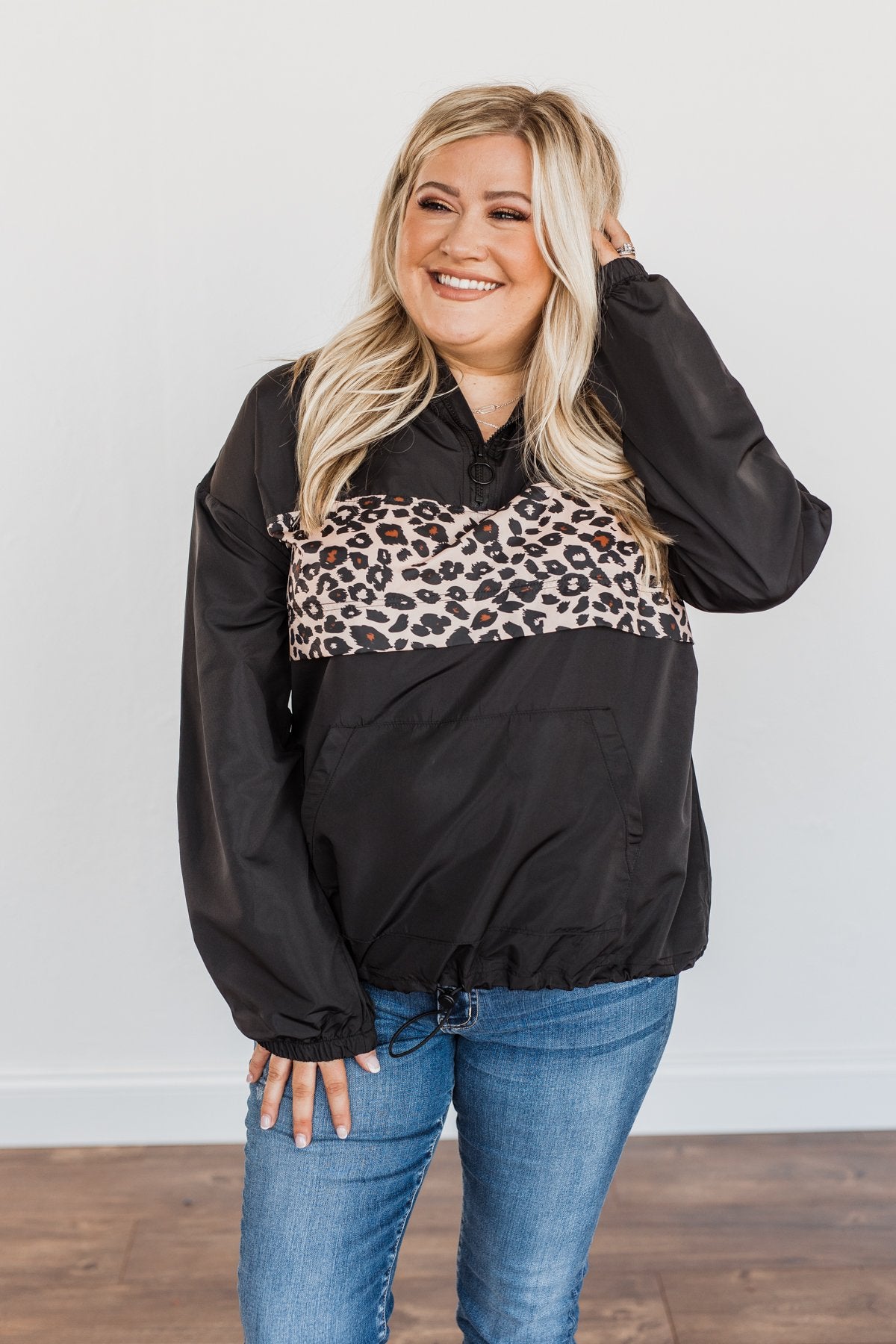 Little Miss Sunshine Drawstring Windbreaker- Black & Leopard