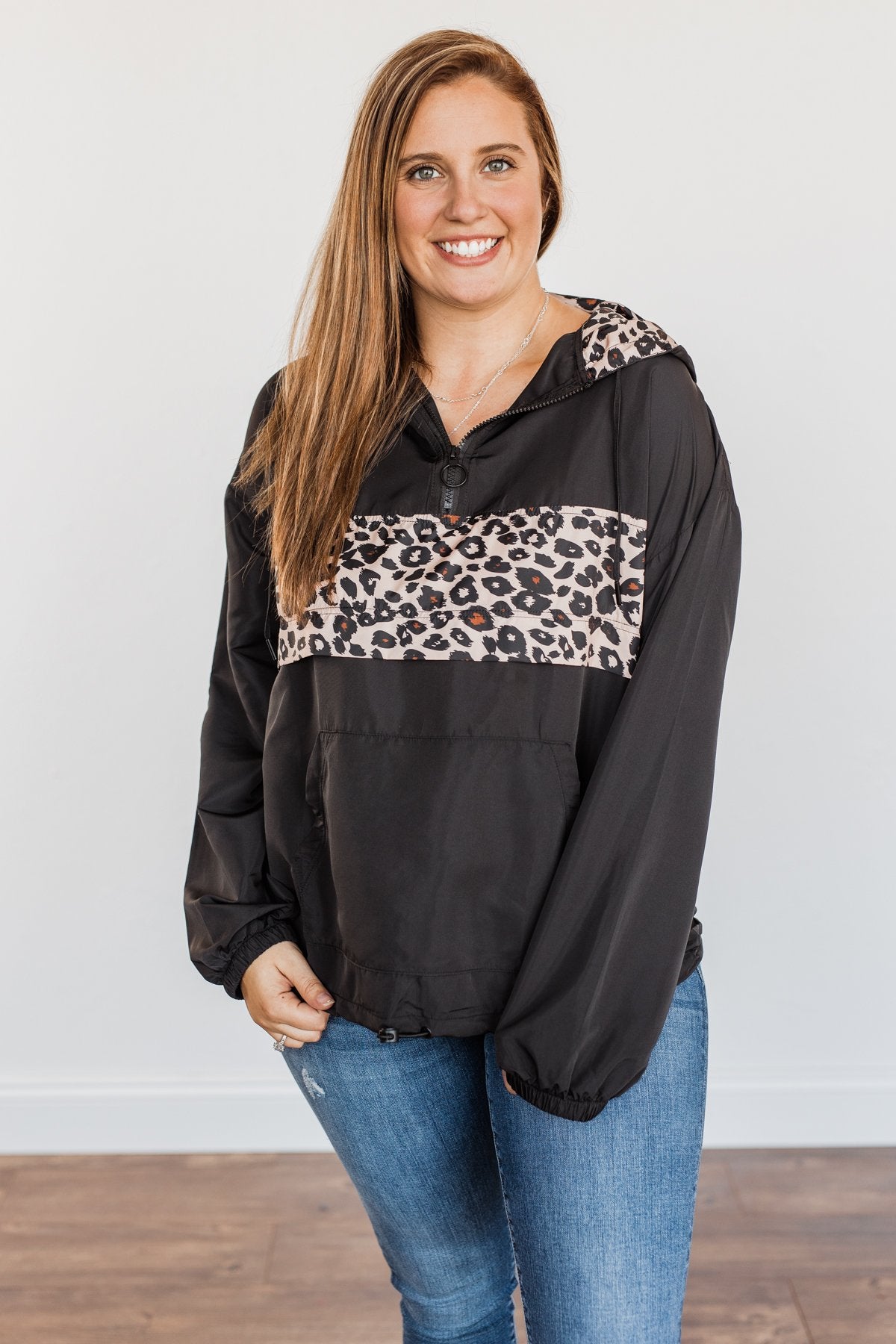 Little Miss Sunshine Drawstring Windbreaker- Black & Leopard