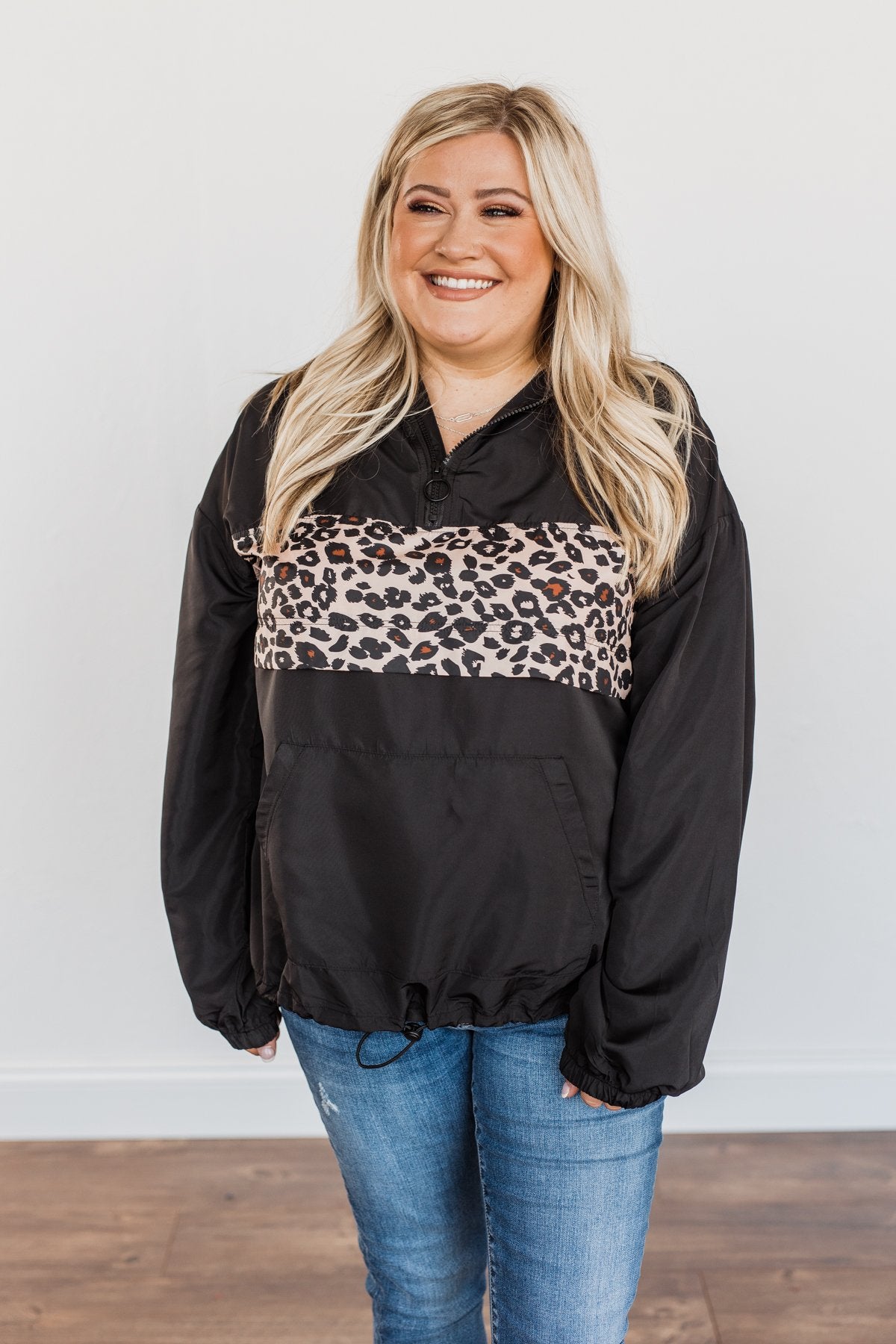 Little Miss Sunshine Drawstring Windbreaker- Black & Leopard