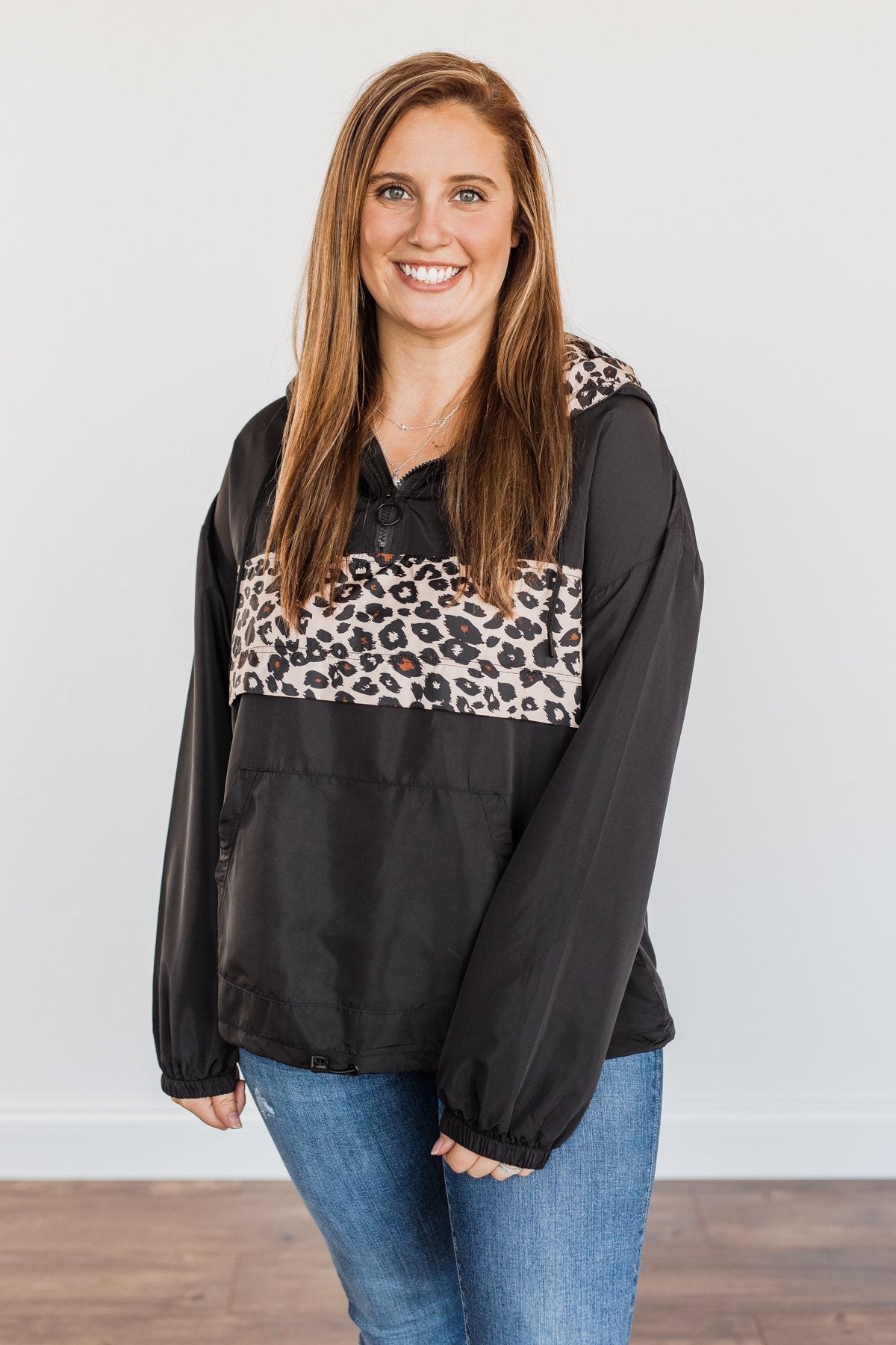 Little Miss Sunshine Drawstring Windbreaker- Black & Leopard