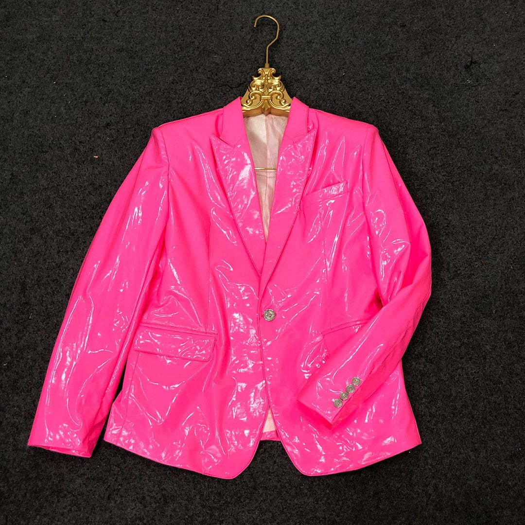 Men's Casual Pink Skinny Soft Lacquer Bright Leather Suit Blazer