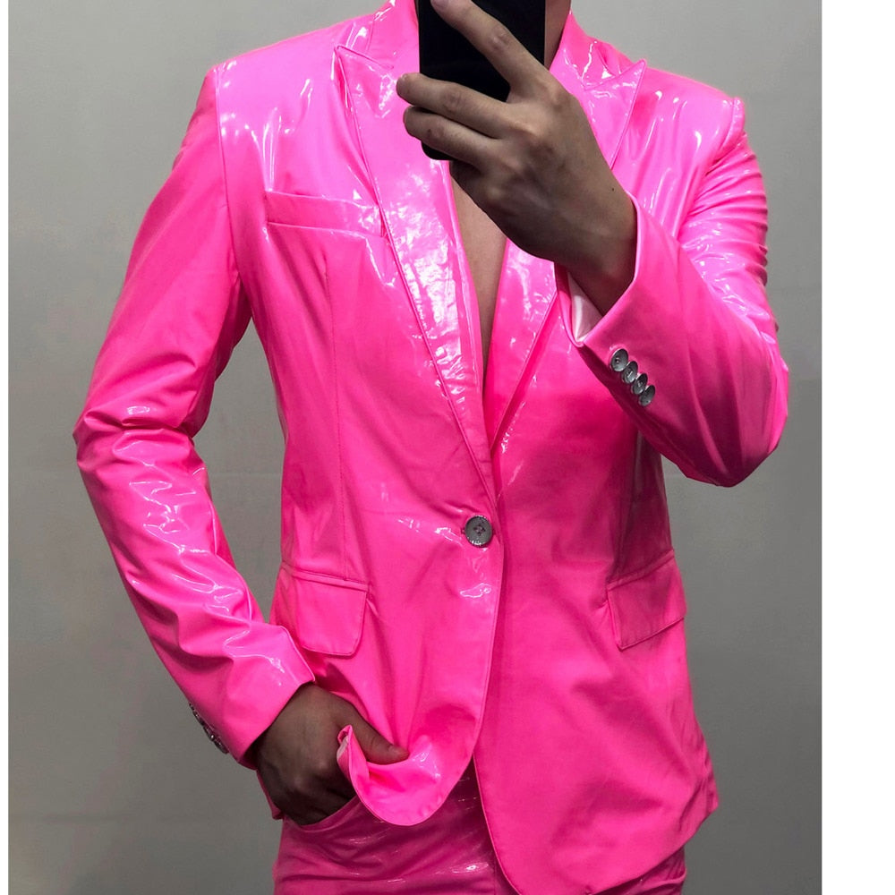 Men's Casual Pink Skinny Soft Lacquer Bright Leather Suit Blazer