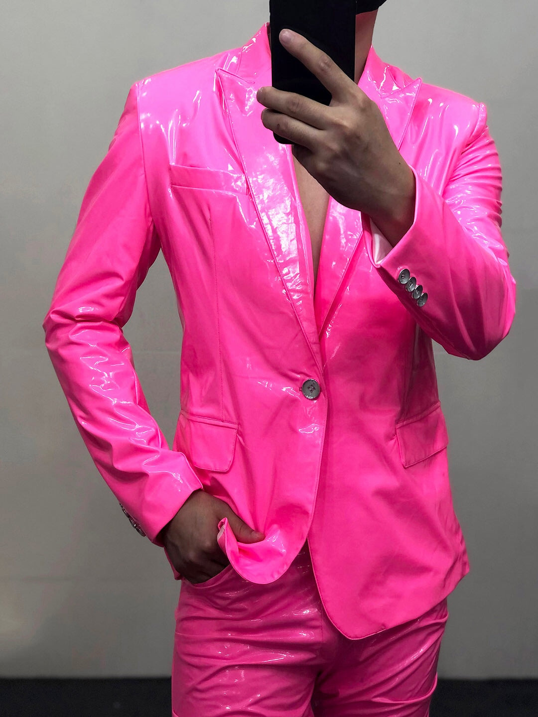 Men's Casual Pink Skinny Soft Lacquer Bright Leather Suit Blazer