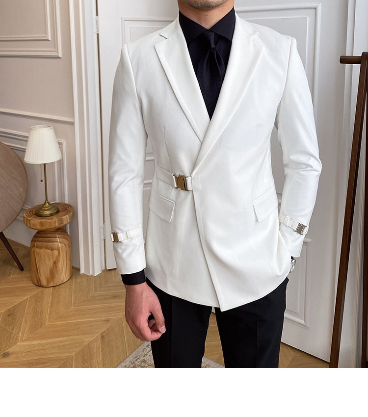 Men's Italian Designer Solid Metal Buckle Partywear Wedding Blazer