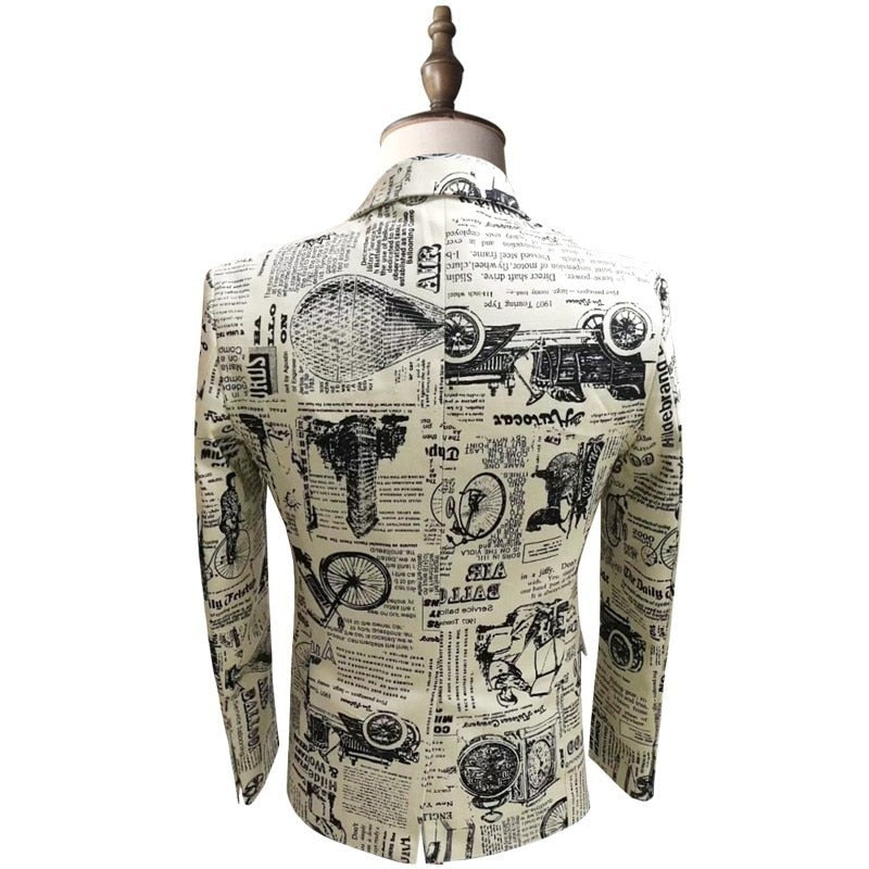 Men's Wedding Stage Performance Club Party Paper Print Slim Fit Blazer