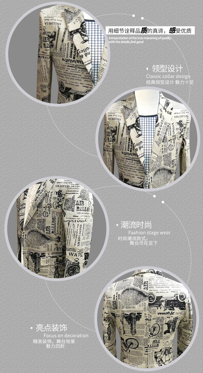 Men's Wedding Stage Performance Club Party Paper Print Slim Fit Blazer