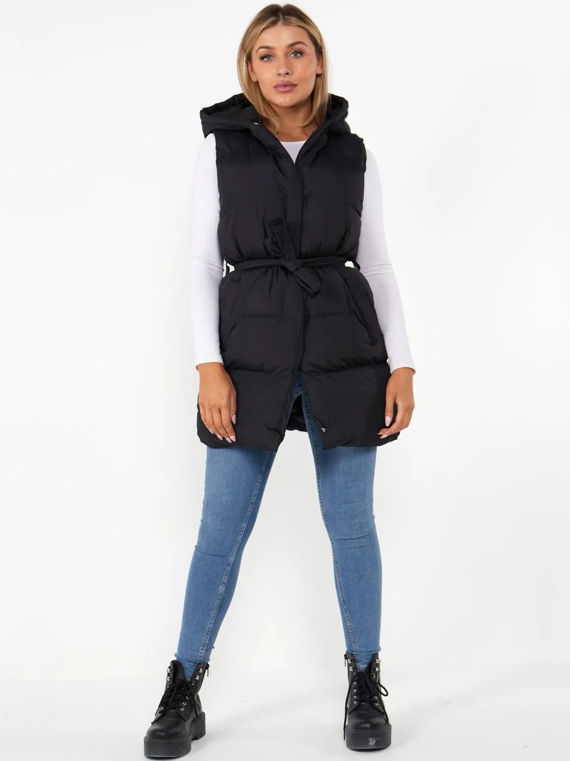 Mid Length Puffer Waistcoat, Black, Cream, UK Sizes 8 to 16