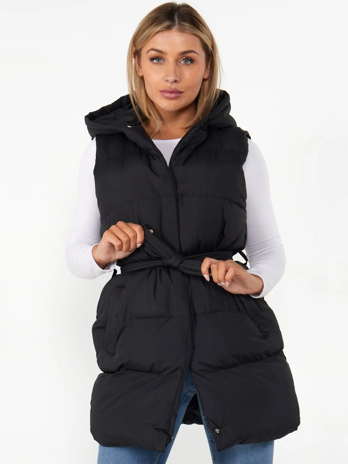 Mid Length Puffer Waistcoat, Black, Cream, UK Sizes 8 to 16