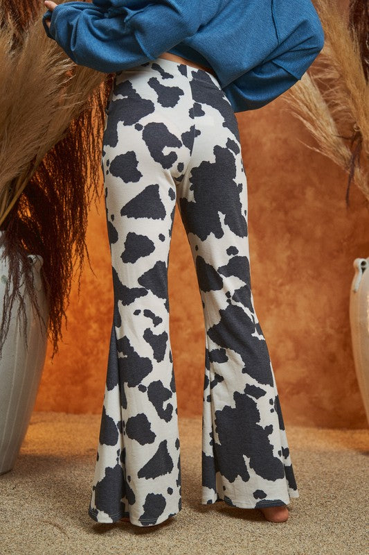 MOCHA COW PRINT FLARED PANTS