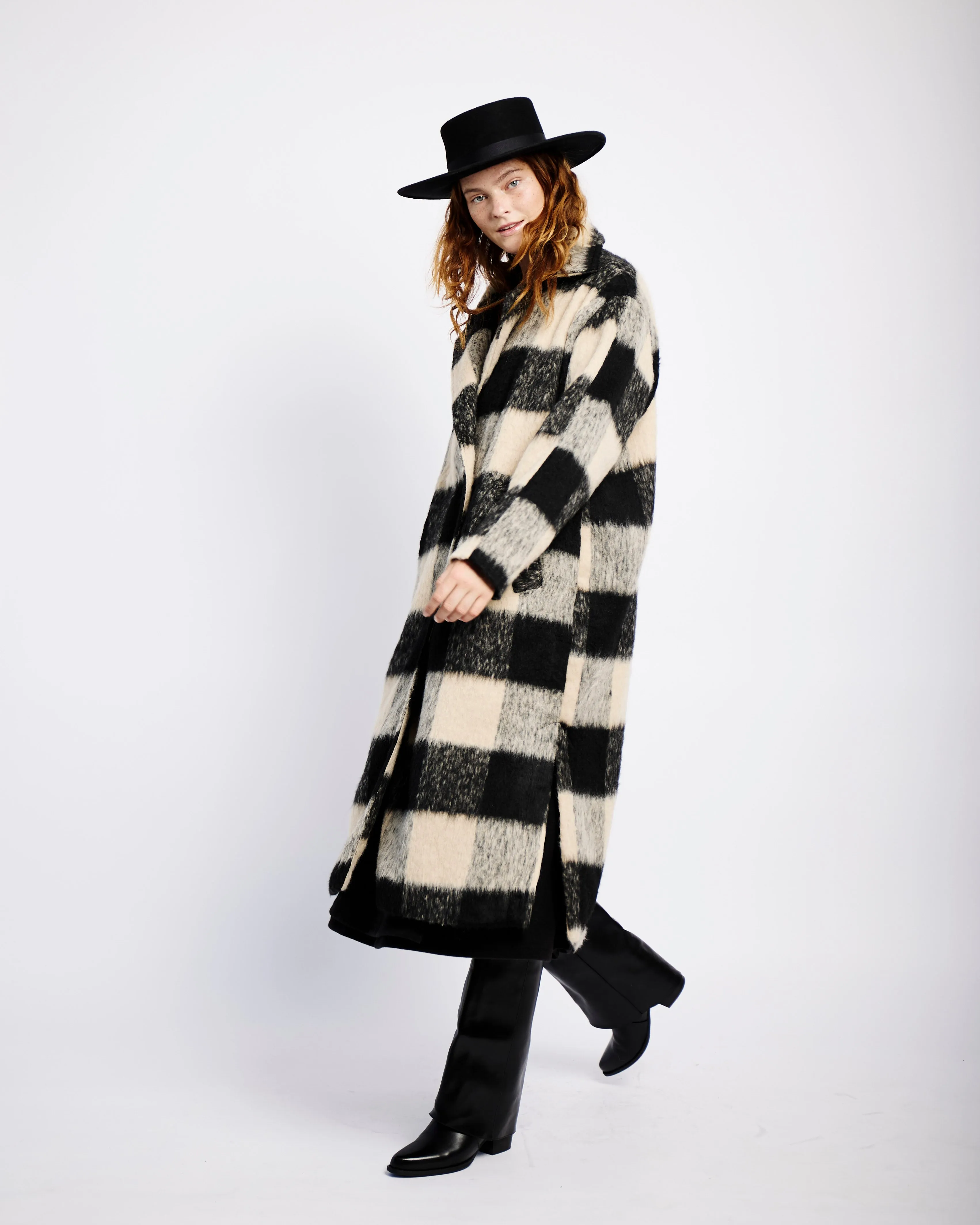 Mohair Melton Coat in Natural Check