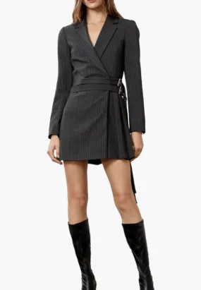 Moon River Pinstripe Pleated Blazer Mini Dress in Navy