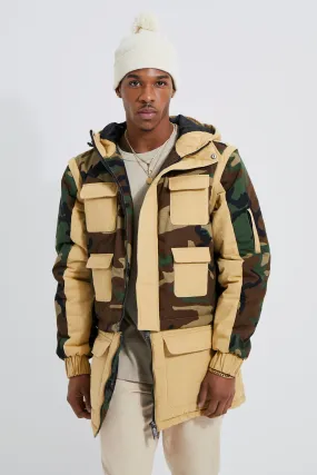 Multi Functional Zip Camo Colourblock Parka