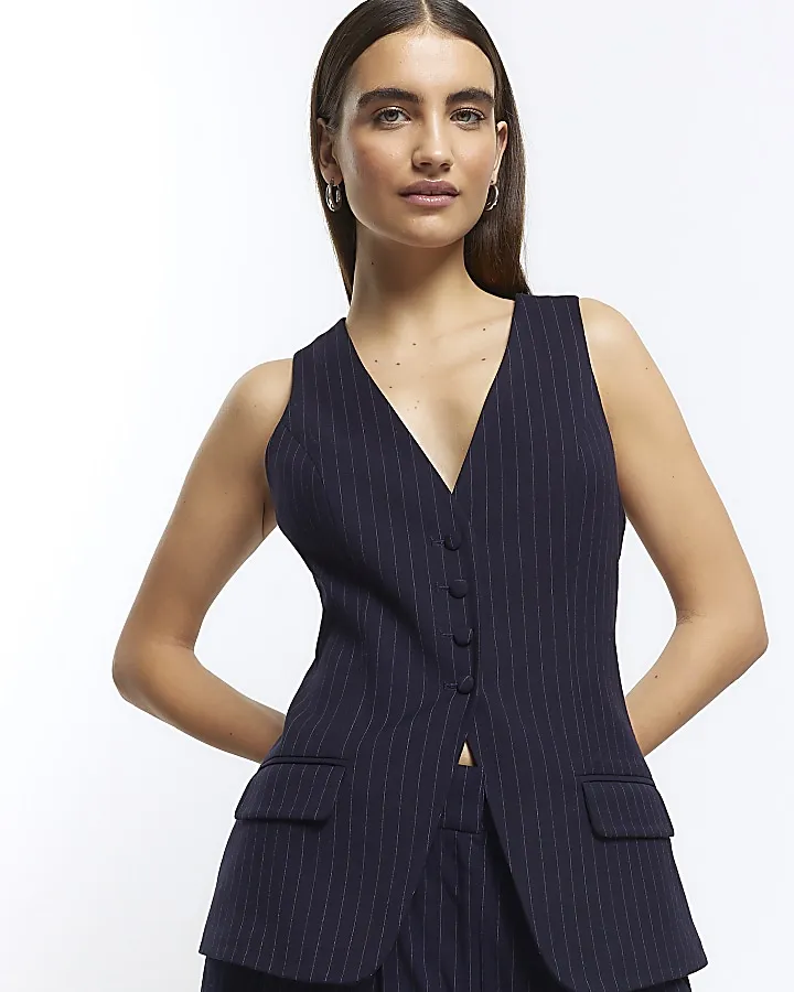 Navy Stripe Longline Waistcoat