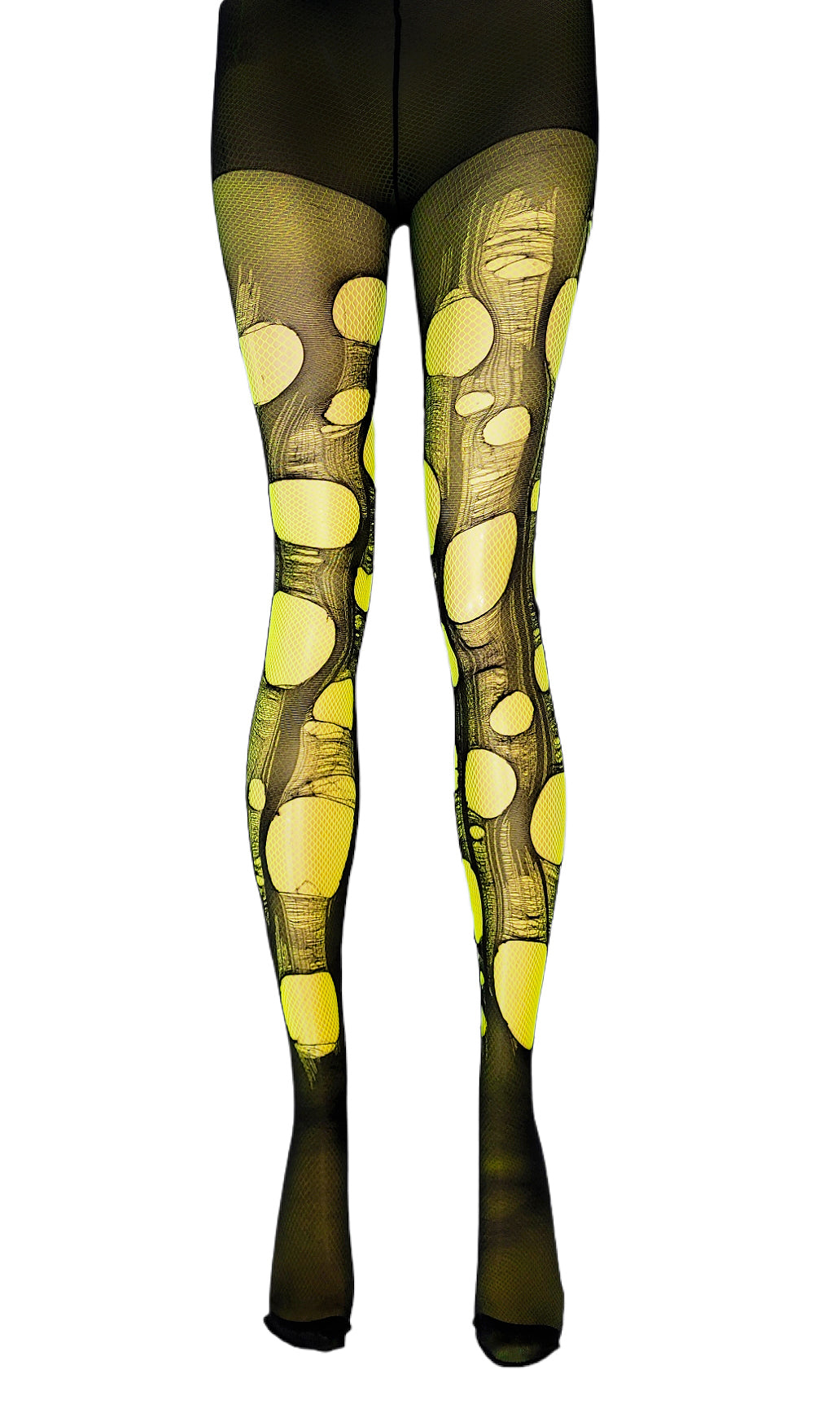 neon yellow black tattered & torn fishnet tights