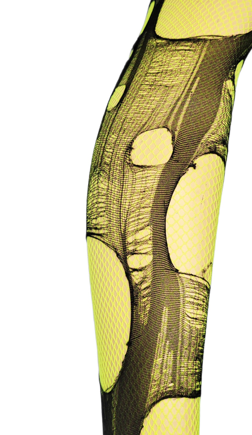 neon yellow black tattered & torn fishnet tights