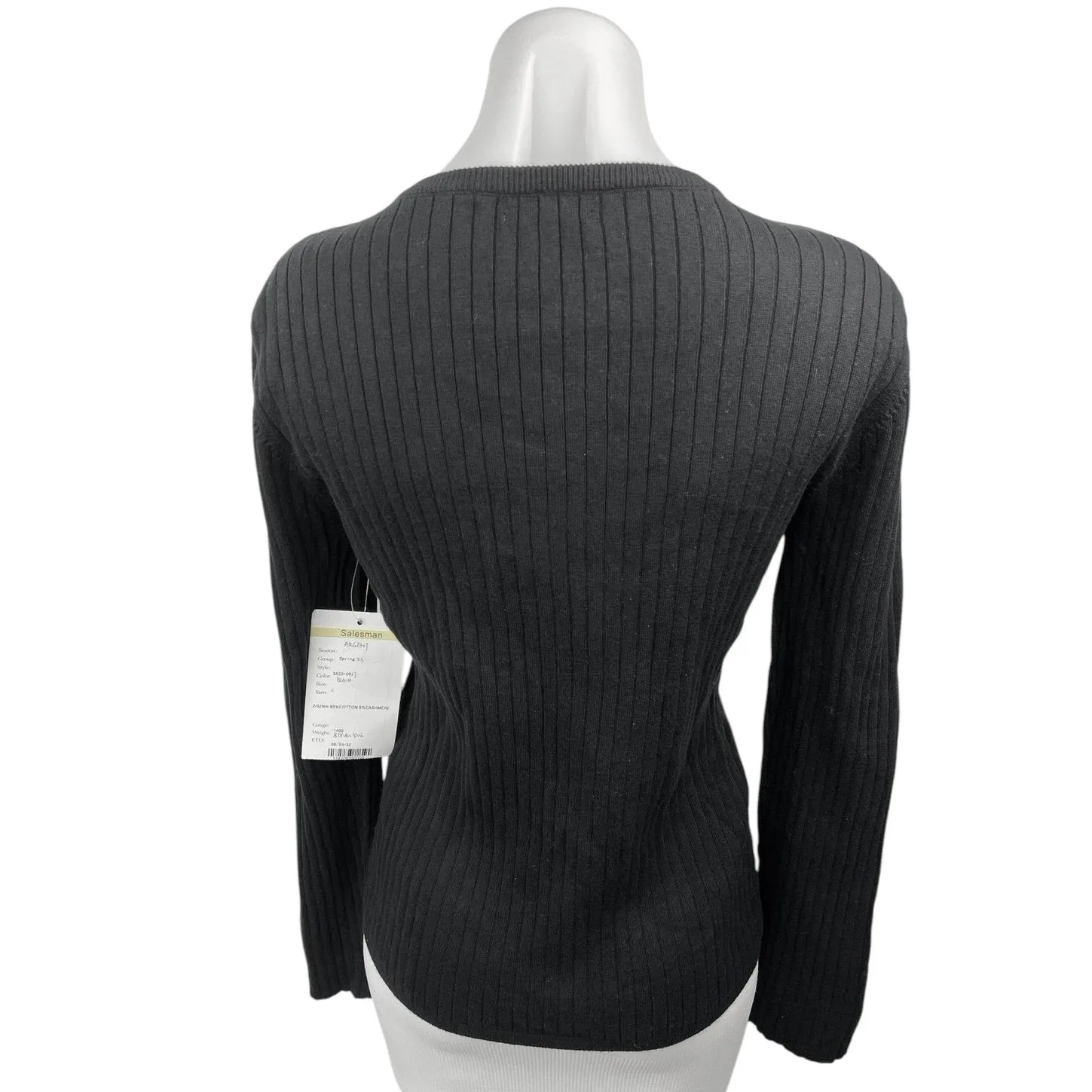 NEW Argent Black Cashmere Ribbed Knit Long Sleeve Pullover Sweater Top Size L