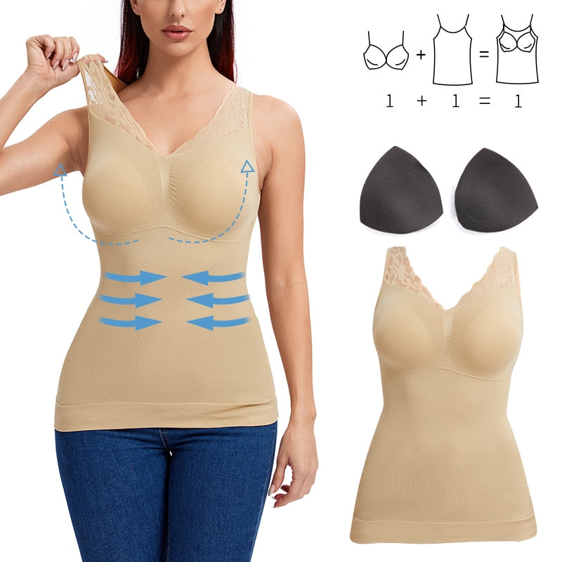 Padded Shapewear Tank Tops Women Tummy Control Smooth Slim Body Shapers Seamless Camisole With