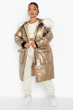 Petite Faux Fur Metallic Parka