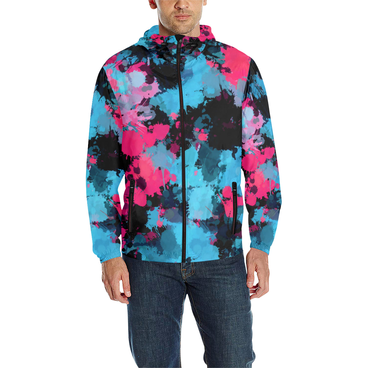 Pink and Blue Paint Splatter Quilted Windbreaker