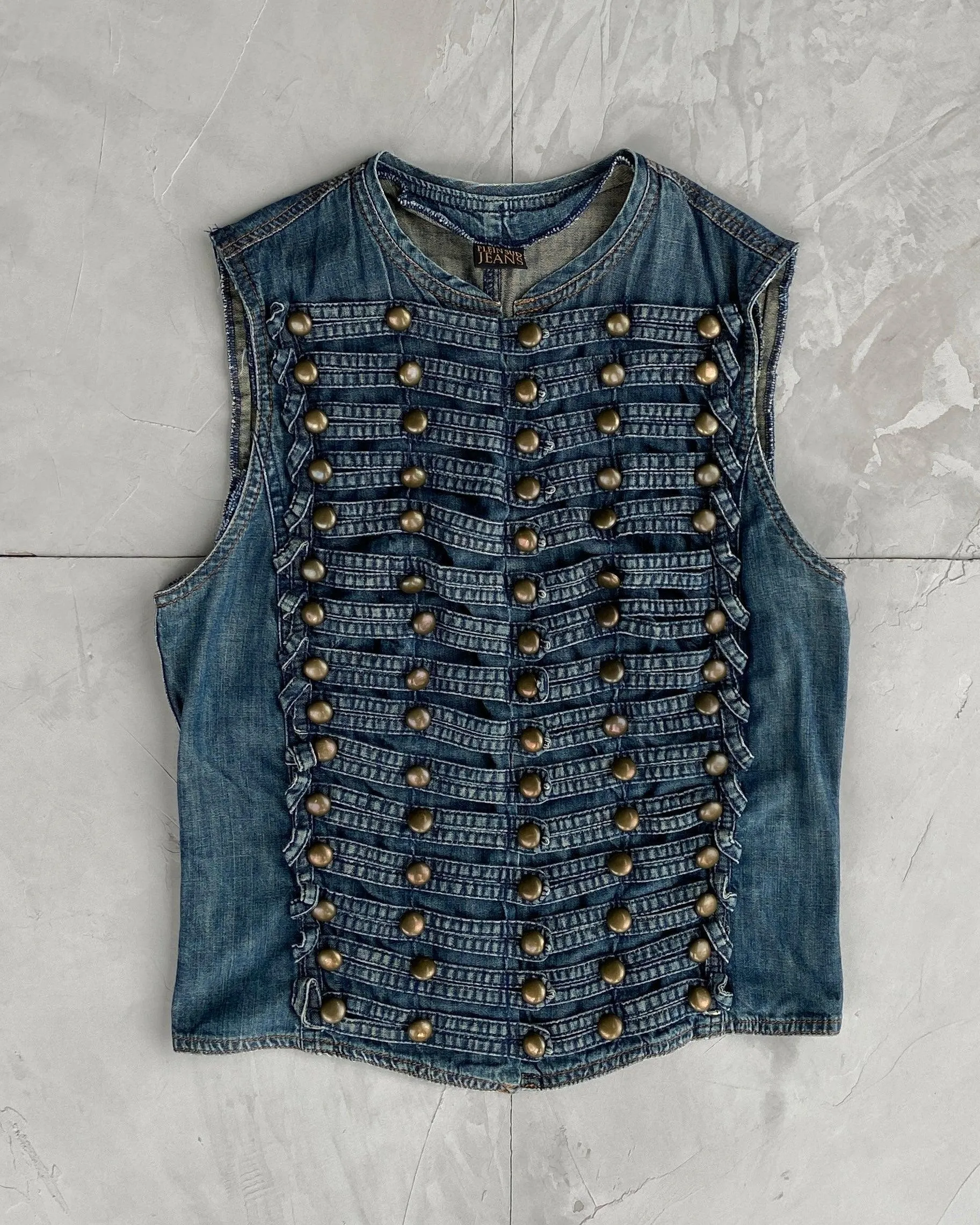 PLEIN SUD 2000'S DENIM STUD WAISTCOAT - M