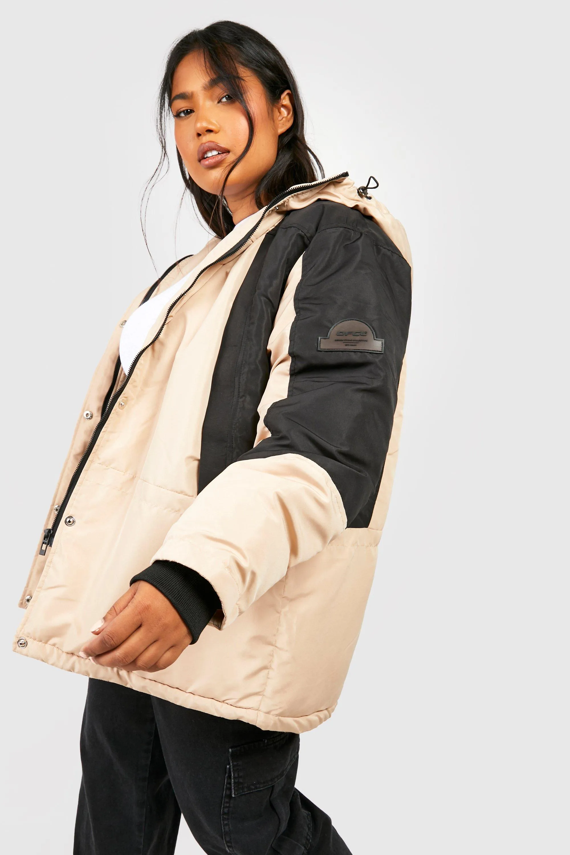 Plus Arm Detail Hooded Parka Coat