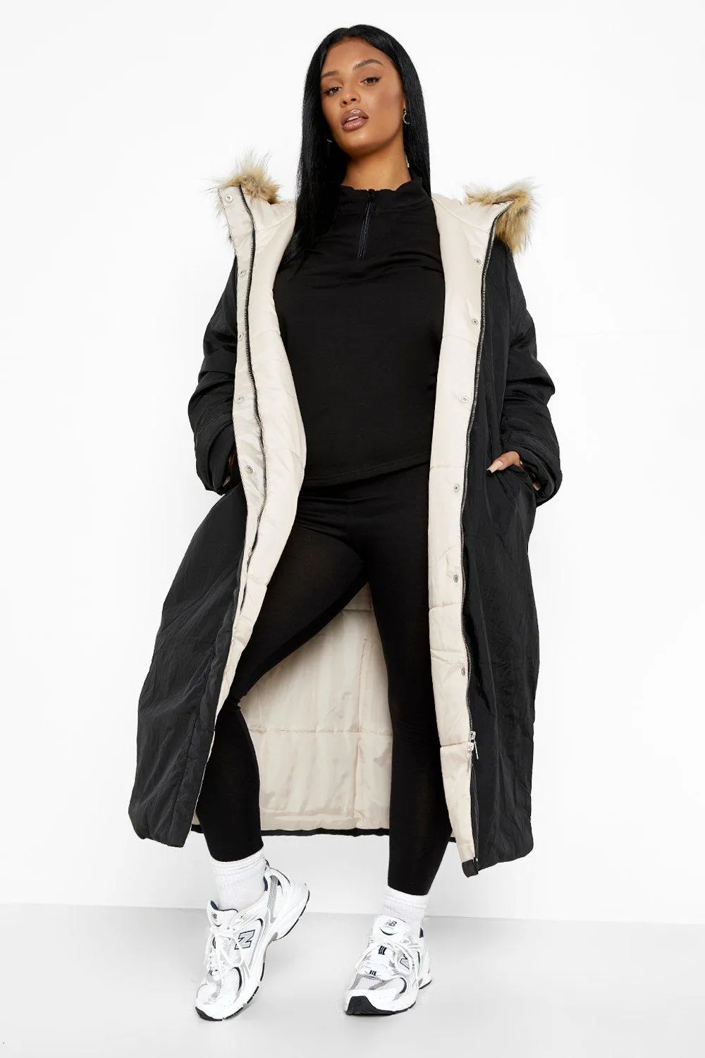 Plus Faux Fur Hood Longline Parka Coat