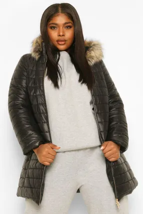 Plus High Shine Faux Fur Trim Hooded Puffer Parka